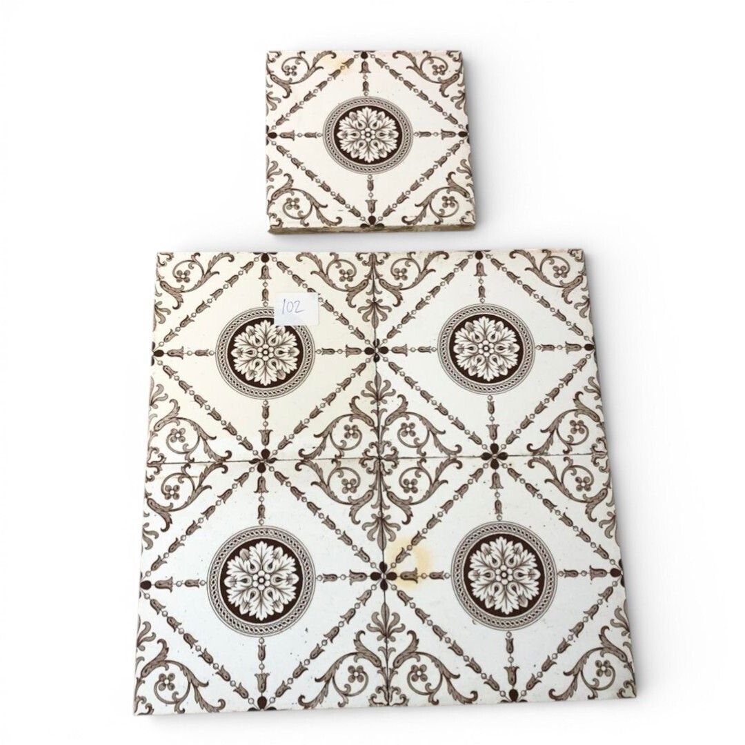 Set Of 5 Antique Minton Fireplace Tiles Brown And White Geometric Floral Design (102)