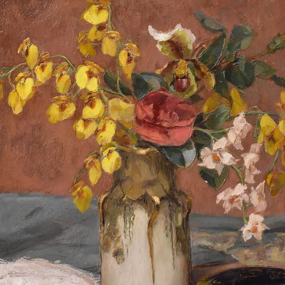 Art Deco Still Life Flowers Painting, Spring Floral, Oil On Canvas, XX photo Art