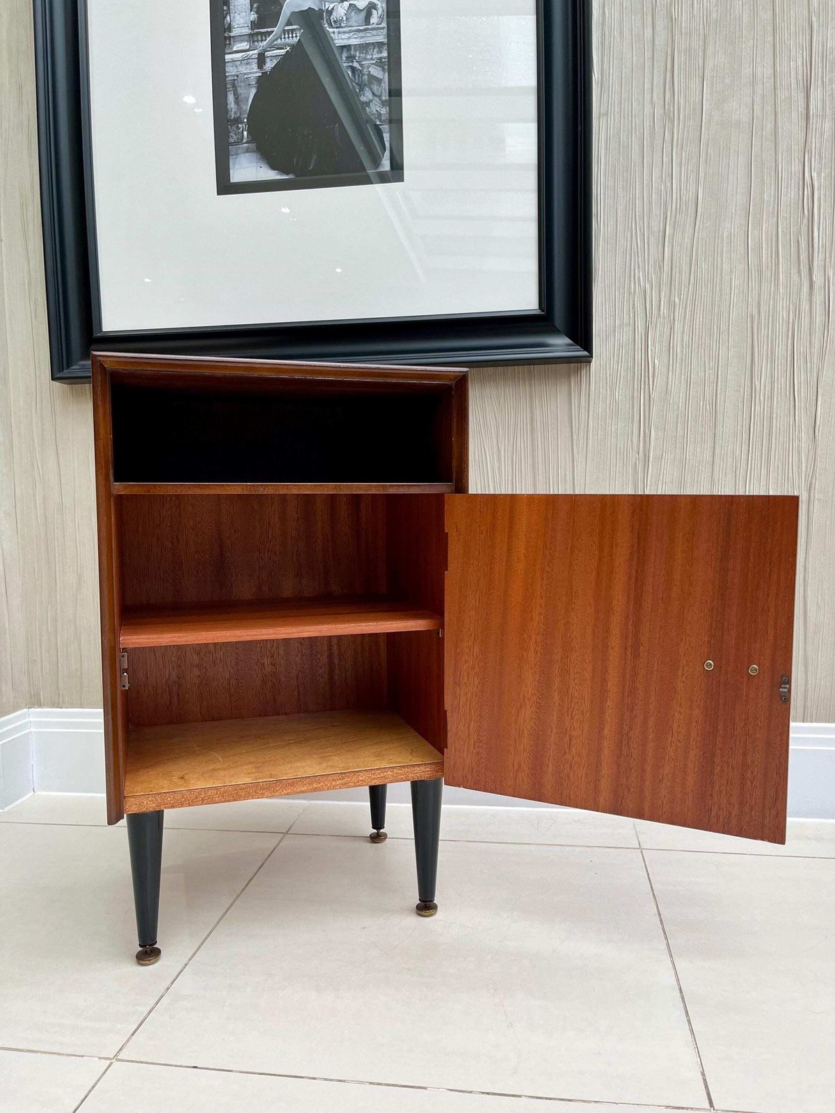 photo furniture Vintage G Plan Style Librenza Bedside / Lamp Cupboard – Tola & Teak, Black Legs, Brass Details (1960s–70s)