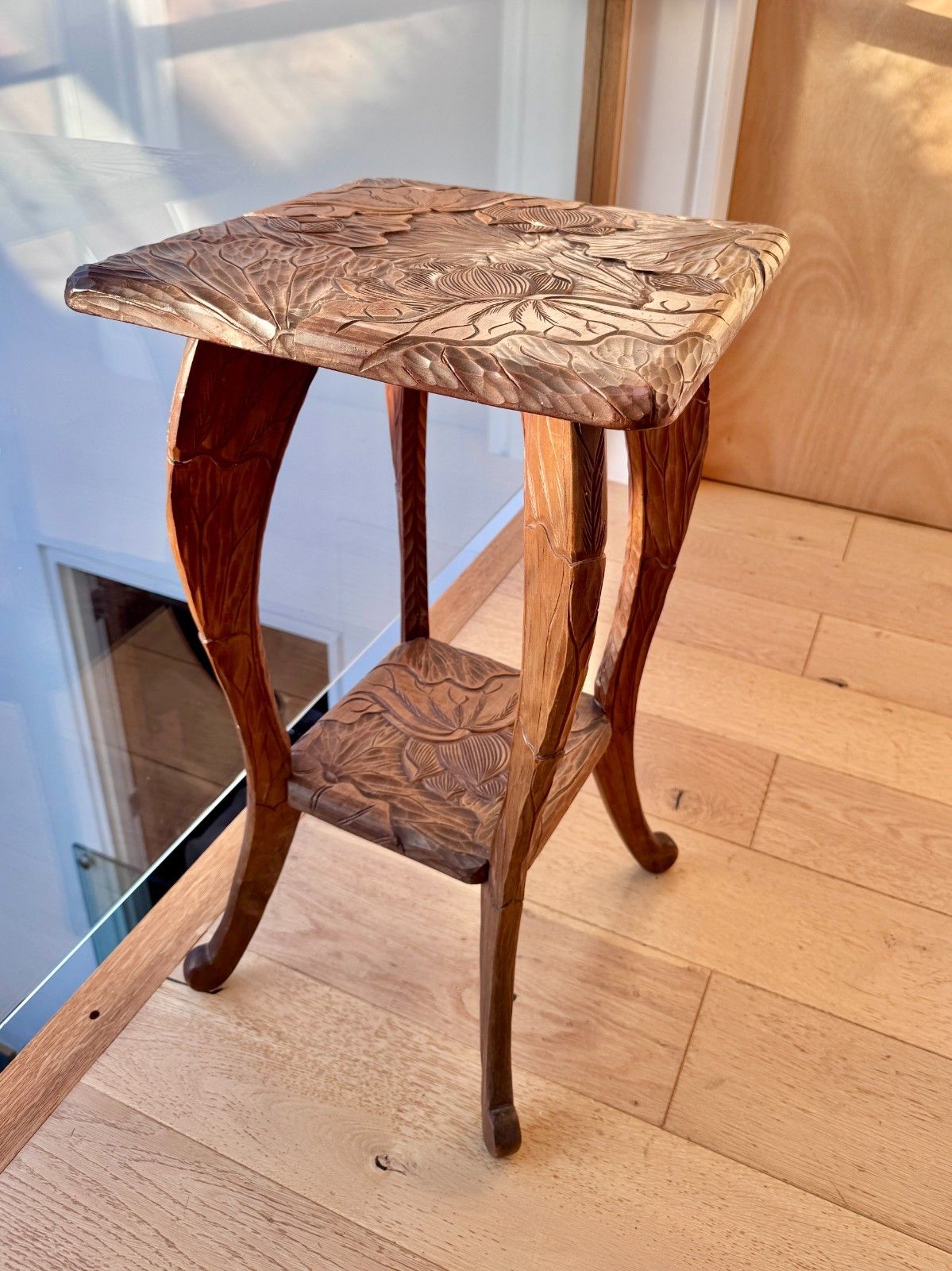 175.0 Antique Liberty Of London Japanese Hand Carved Floral Side Table C1905 photo