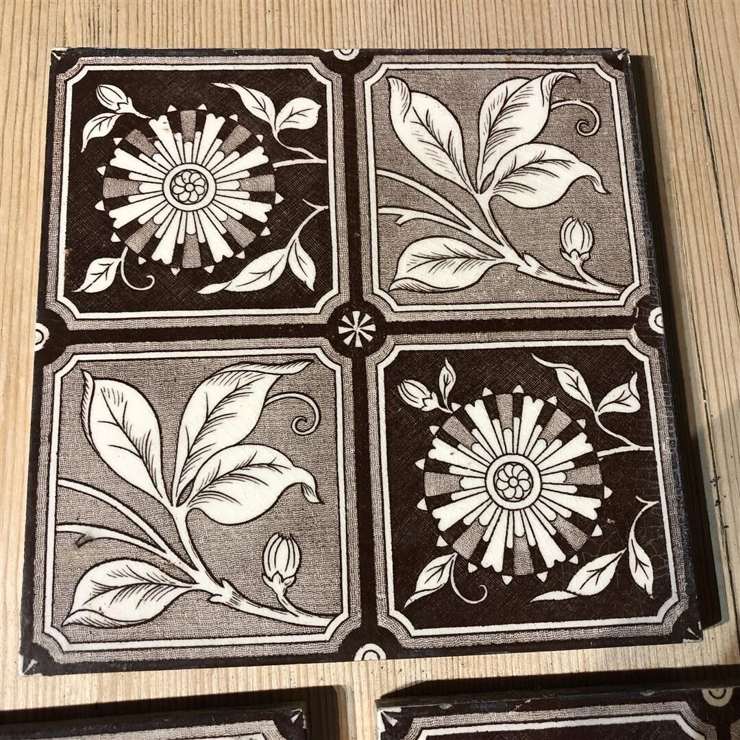 Set Of 5 Antique Fireplace Tiles Brown And White Leaf Chequer Design (101) photo vinterior