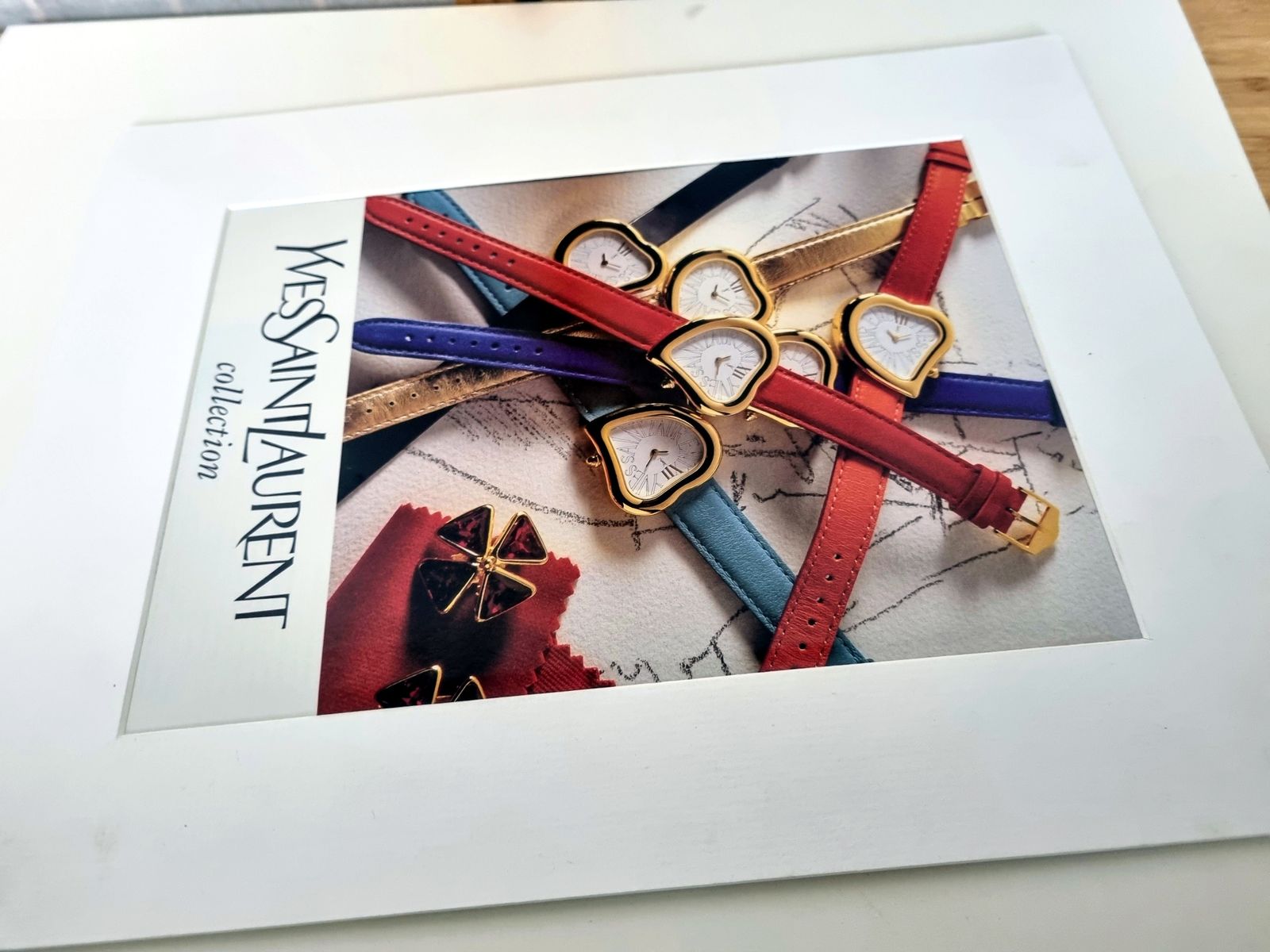 Designer Watch Advertisement Print, Yves Saint Laurent Collection Watches, 1990s French Fashion Magazine Art, Mounted photo Art