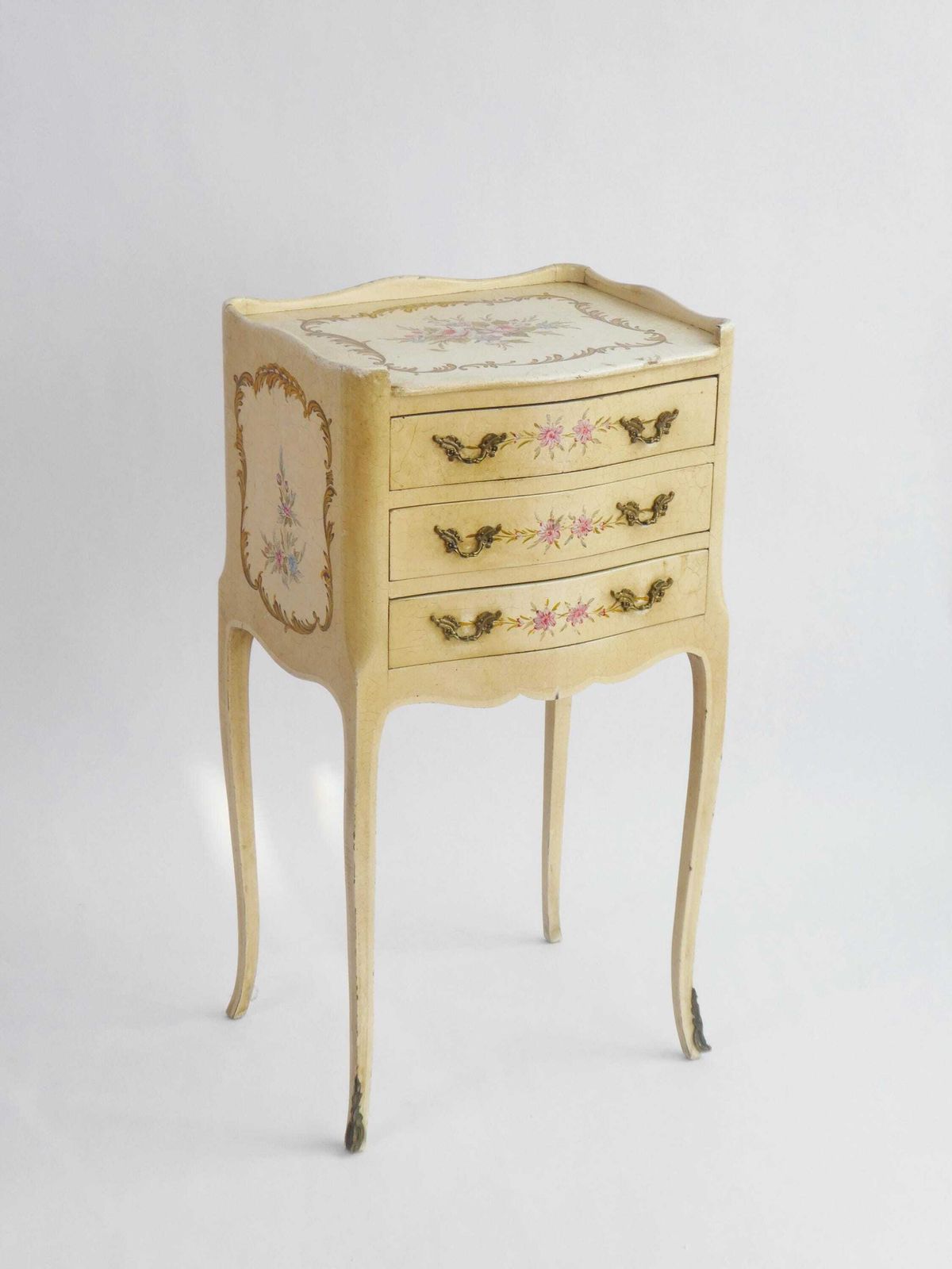 Antique Hand Painted Chest Of Drawers Venetian Style, Floral Nightstand With Drawers And Ornate Handles, Small Chest photo furniture