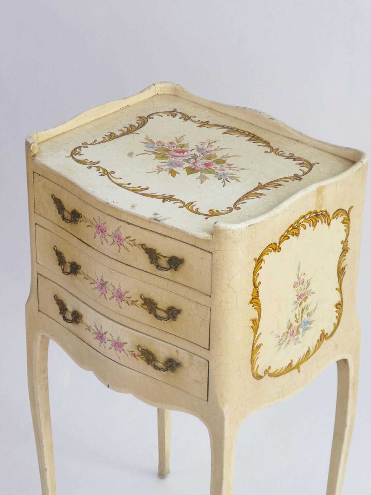 Antique Hand Painted Chest Of Drawers Venetian Style, Floral Nightstand With Drawers And Ornate Handles, Small Chest photo vinterior