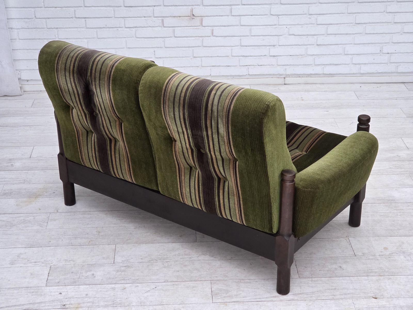 Furniture 1970s, Scandinavian 2 Seater Sofa, Green Furniture Velour, Beech Wood. photo