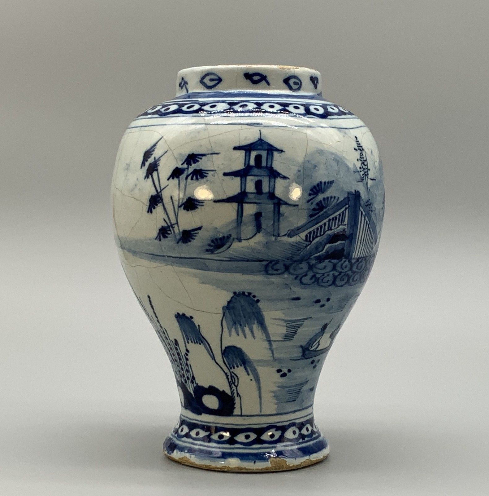 A Circa 1700 Dutch Delft Chinoiserie Blue & White Vase Antique Faience Delftware photo for sale