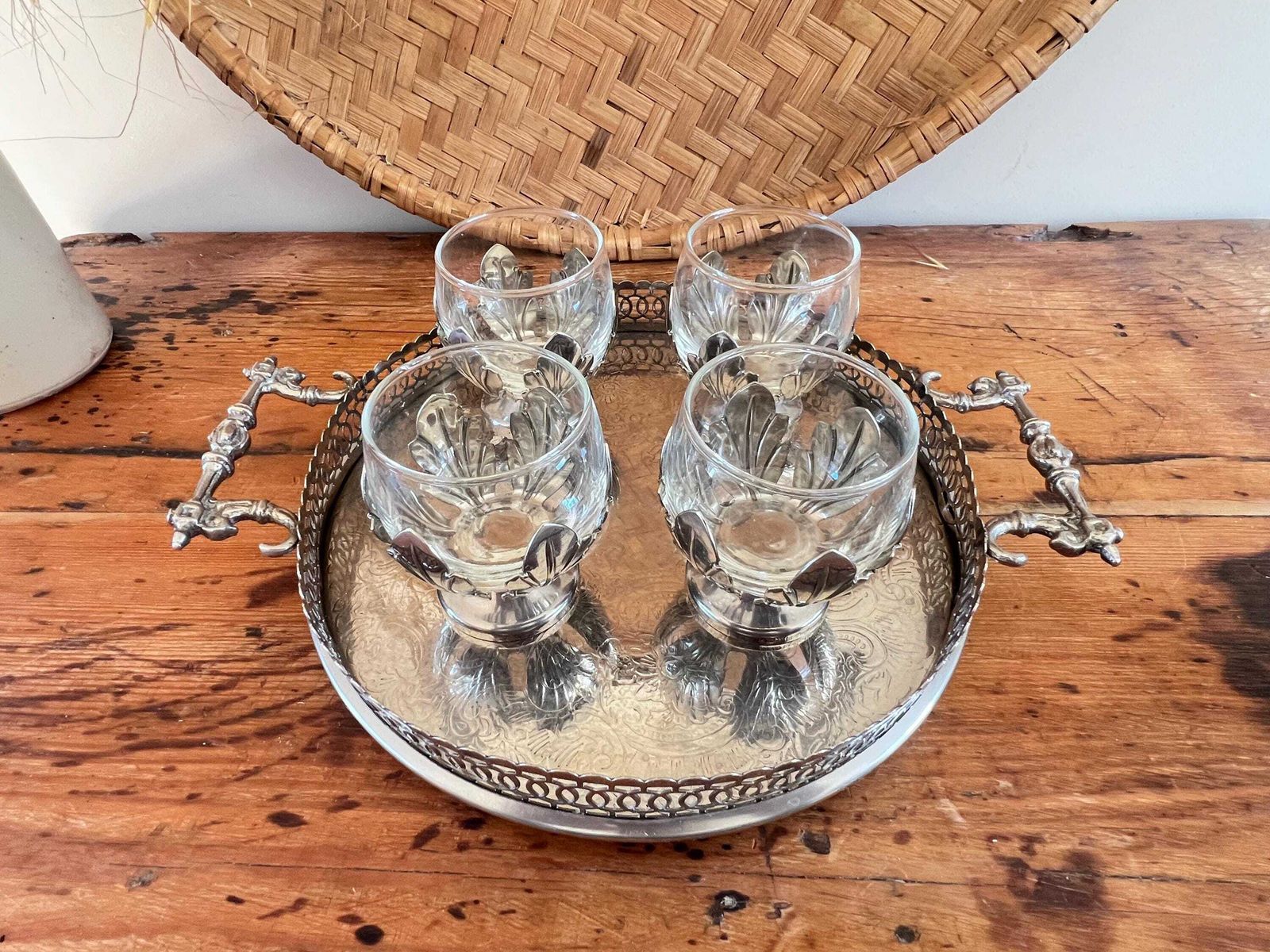 Vintage Silver Metal Gallery Serving Tray & Glasses | Ornate Etched Round Drink Tray | 4 Piece Glassware Set Leaf Bases Mid Century Barware photo vinterior
