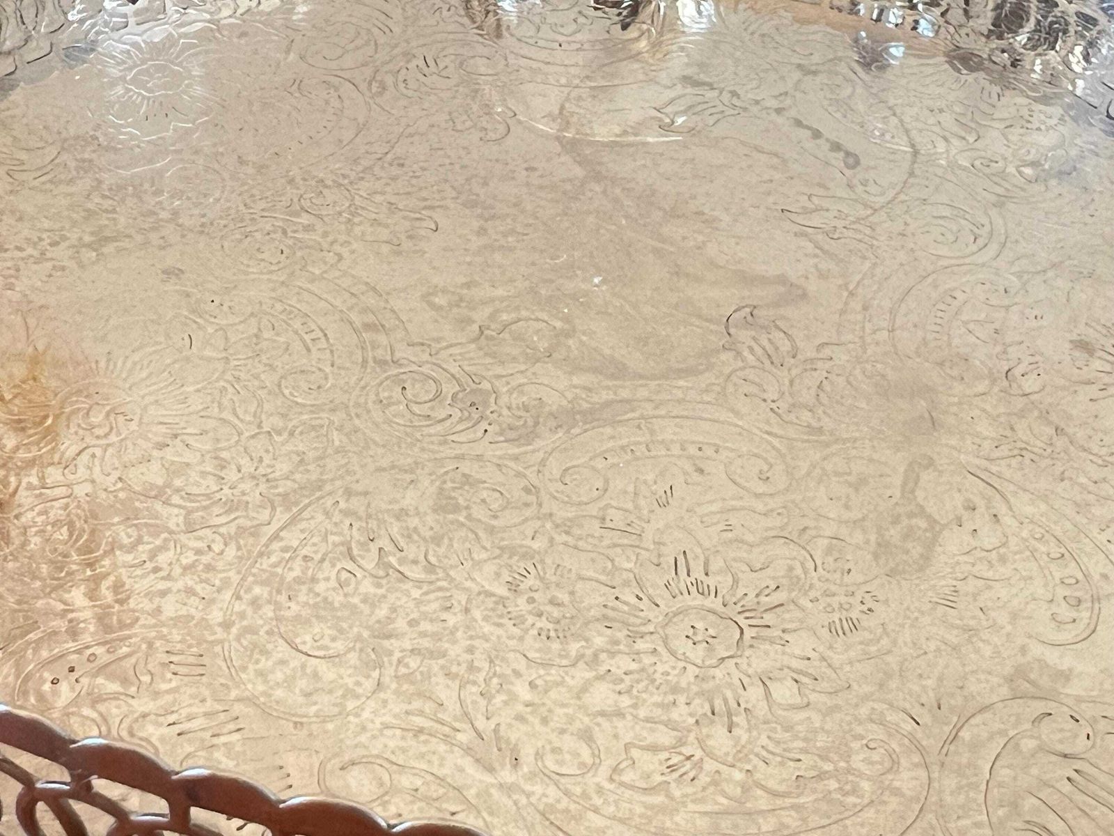 photo for sale Vintage Silver Metal Gallery Serving Tray & Glasses | Ornate Etched Round Drink Tray | 4 Piece Glassware Set Leaf Bases Mid Century Barware