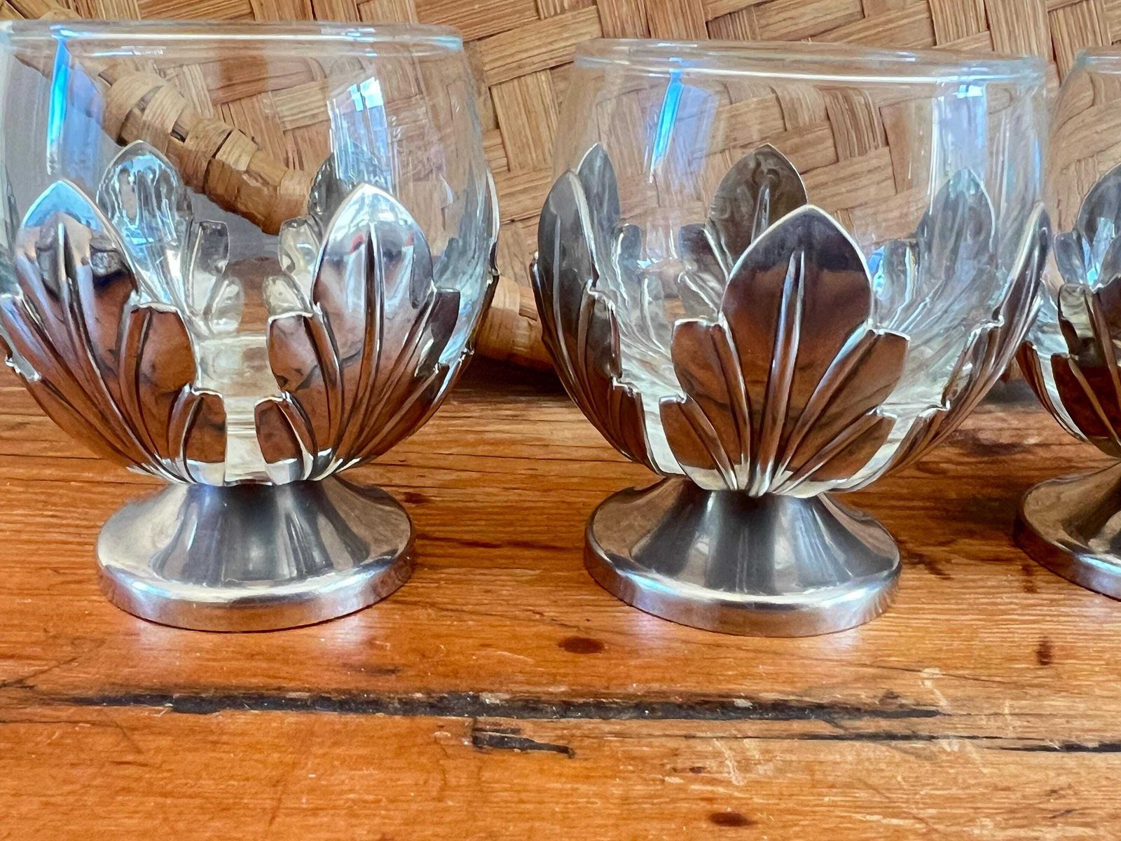 photo buy Vintage Silver Metal Gallery Serving Tray & Glasses | Ornate Etched Round Drink Tray | 4 Piece Glassware Set Leaf Bases Mid Century Barware