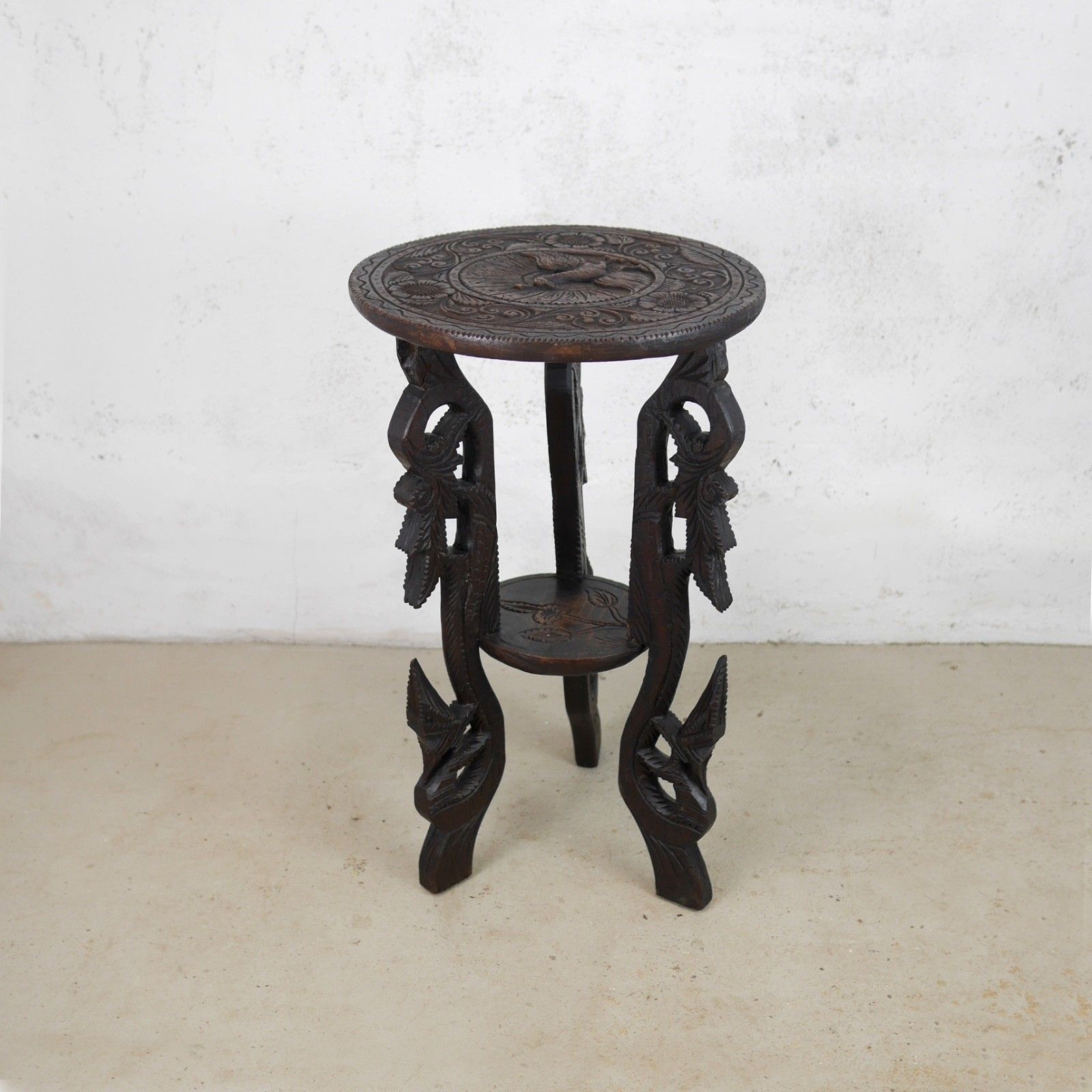 Antique Carved Peacock Asian Hard Dark Wood Lamp Side Table Plant Stand #103112 photo for sale