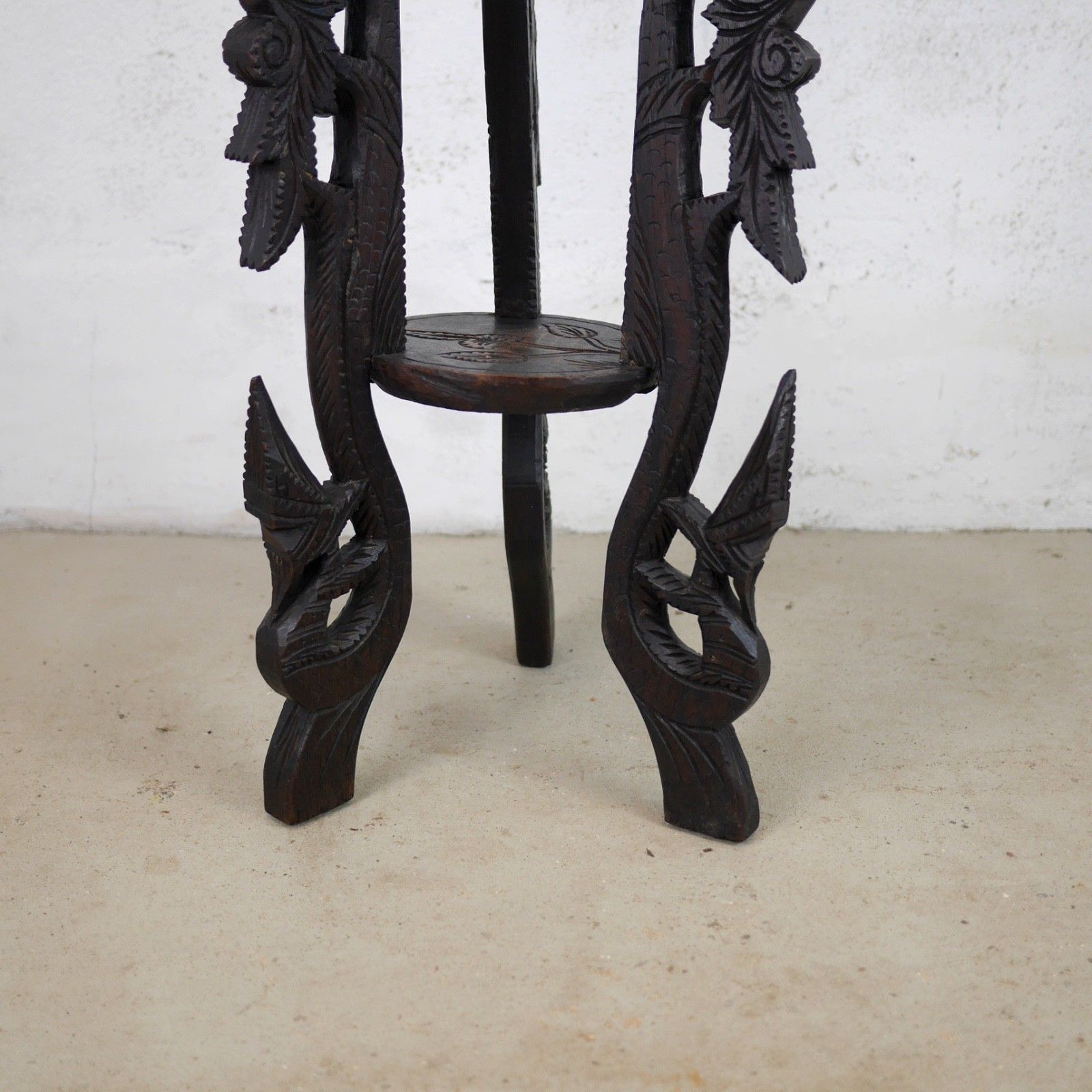Antique Carved Peacock Asian Hard Dark Wood Lamp Side Table Plant Stand #103112 photo vinterior