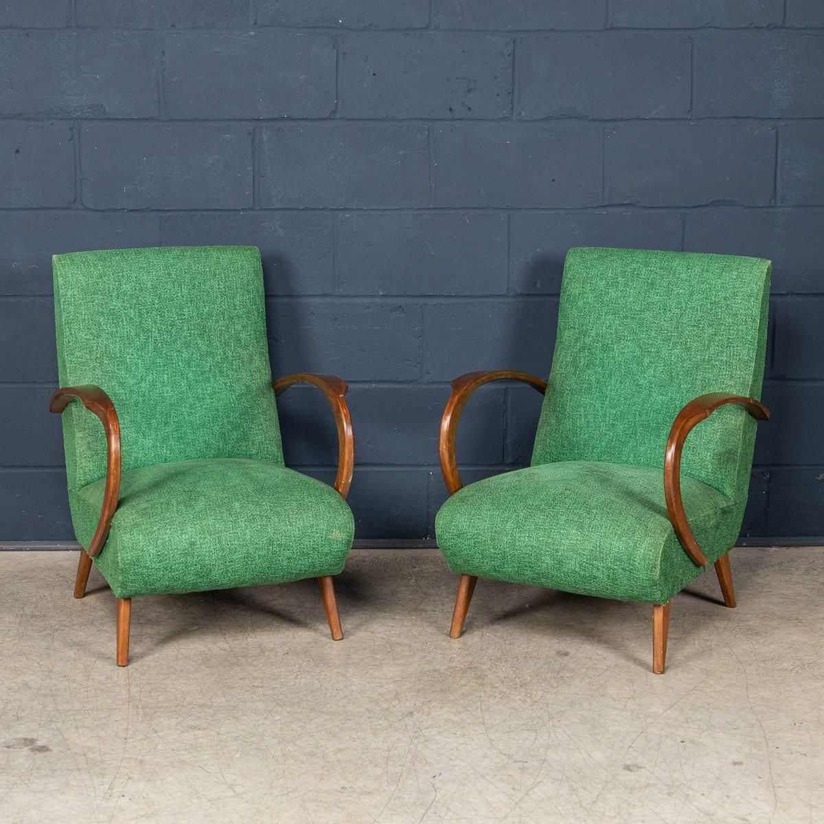 Vintage 20th Century Pair Of Italian Green Fabric Lounge Chairs C.1960 photo furniture