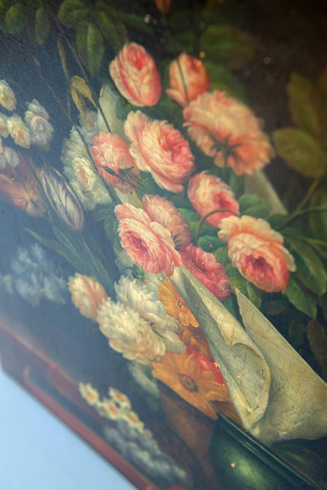 Antique Dutch Still Life Flower Painting On Canvas, C. 1900, Dark Floral Arrangement photo 408.0
