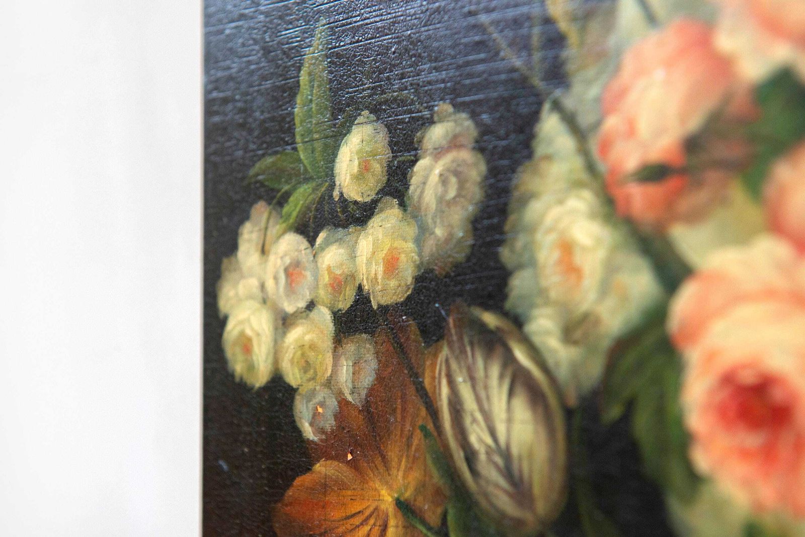 Antique Dutch Still Life Flower Painting On Canvas, C. 1900, Dark Floral Arrangement photo buy