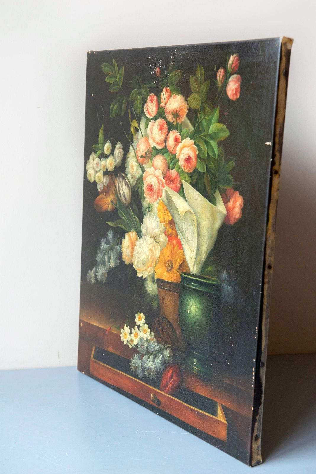 photo furniture Antique Dutch Still Life Flower Painting On Canvas, C. 1900, Dark Floral Arrangement
