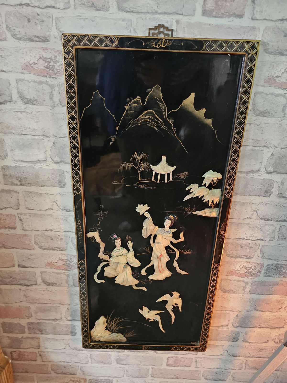 Vintage Black Lacquered Wall Panel With Mother Of Pearl Inlay