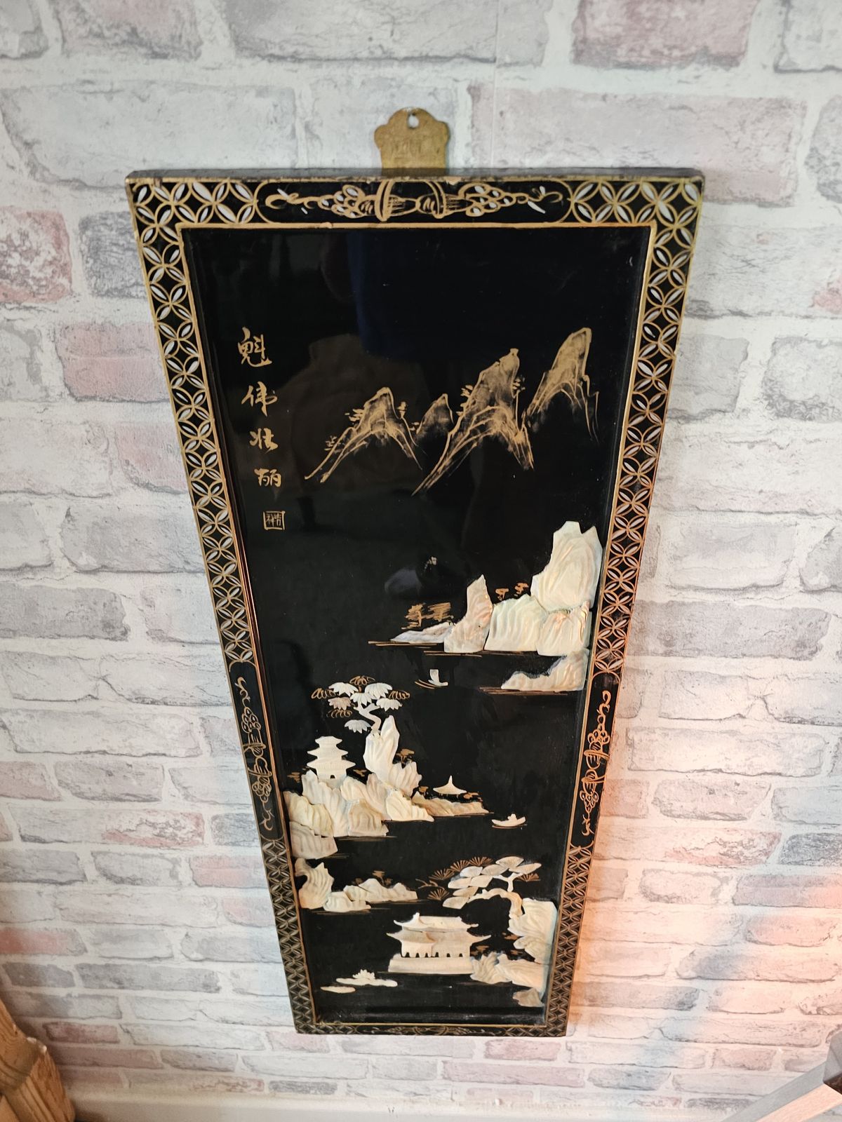 Vintage Black Lacquered Wall Panel With Mother Of Pearl Inlay. photo 85.0