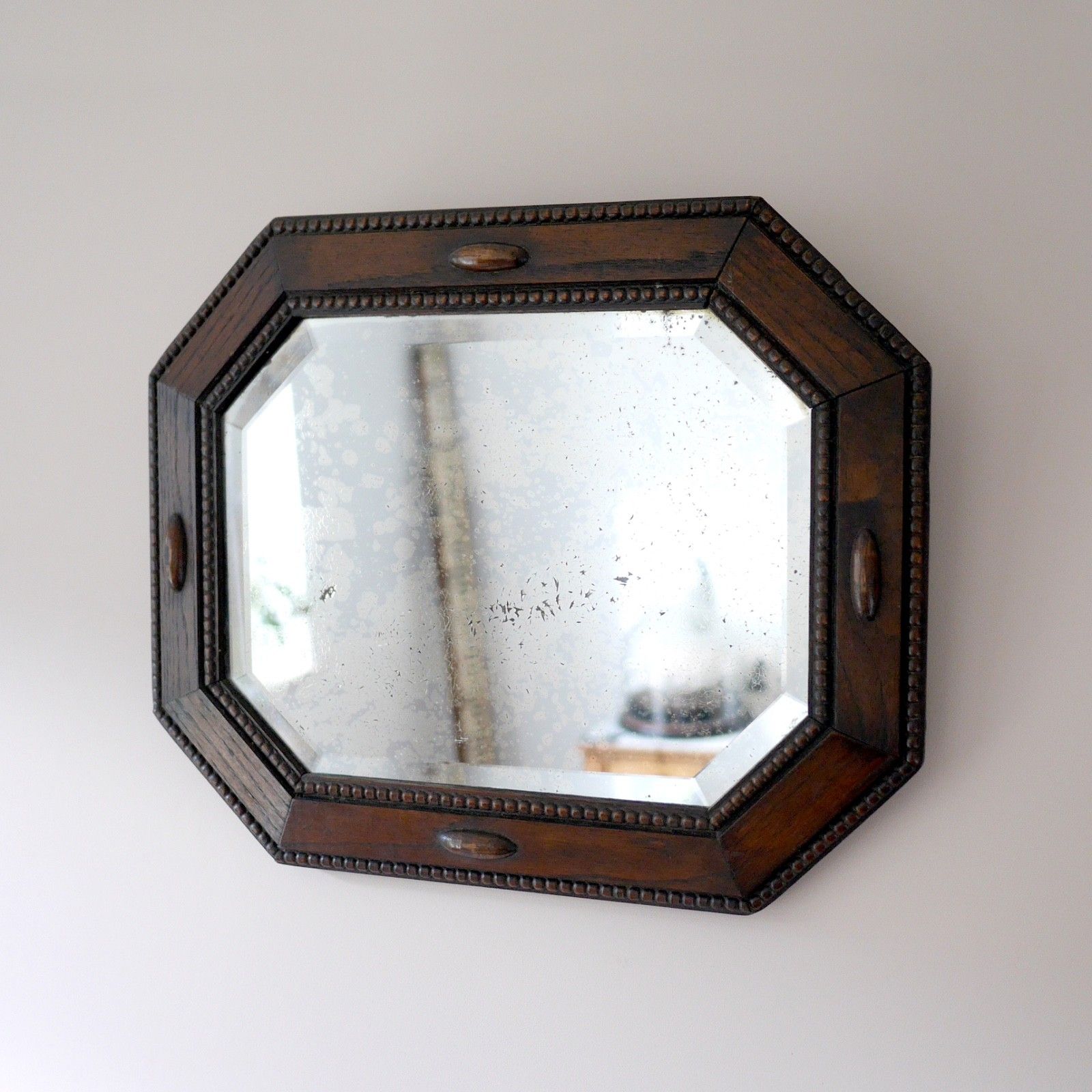 Antique 1920s Dark Oak Wood Bevelled Timeworn Wall Mirror #103197 photo vinterior