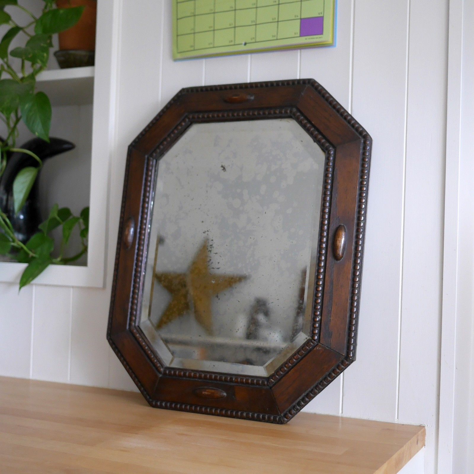 photo for sale Antique 1920s Dark Oak Wood Bevelled Timeworn Wall Mirror #103197