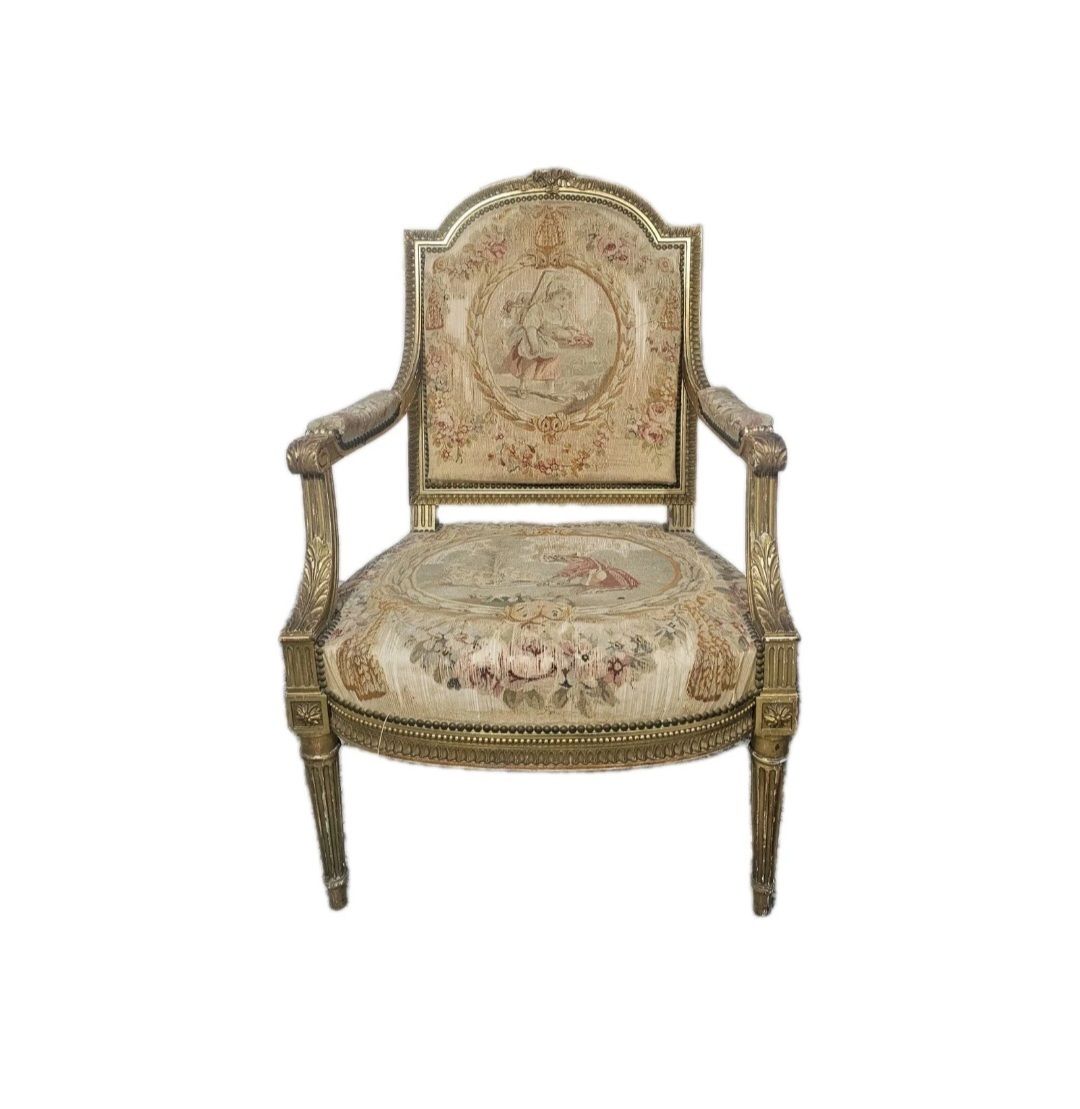 A Pair Of 19thc Louis XVI Style French Fauteuils Tapestry Upholstery Chairs photo Furniture