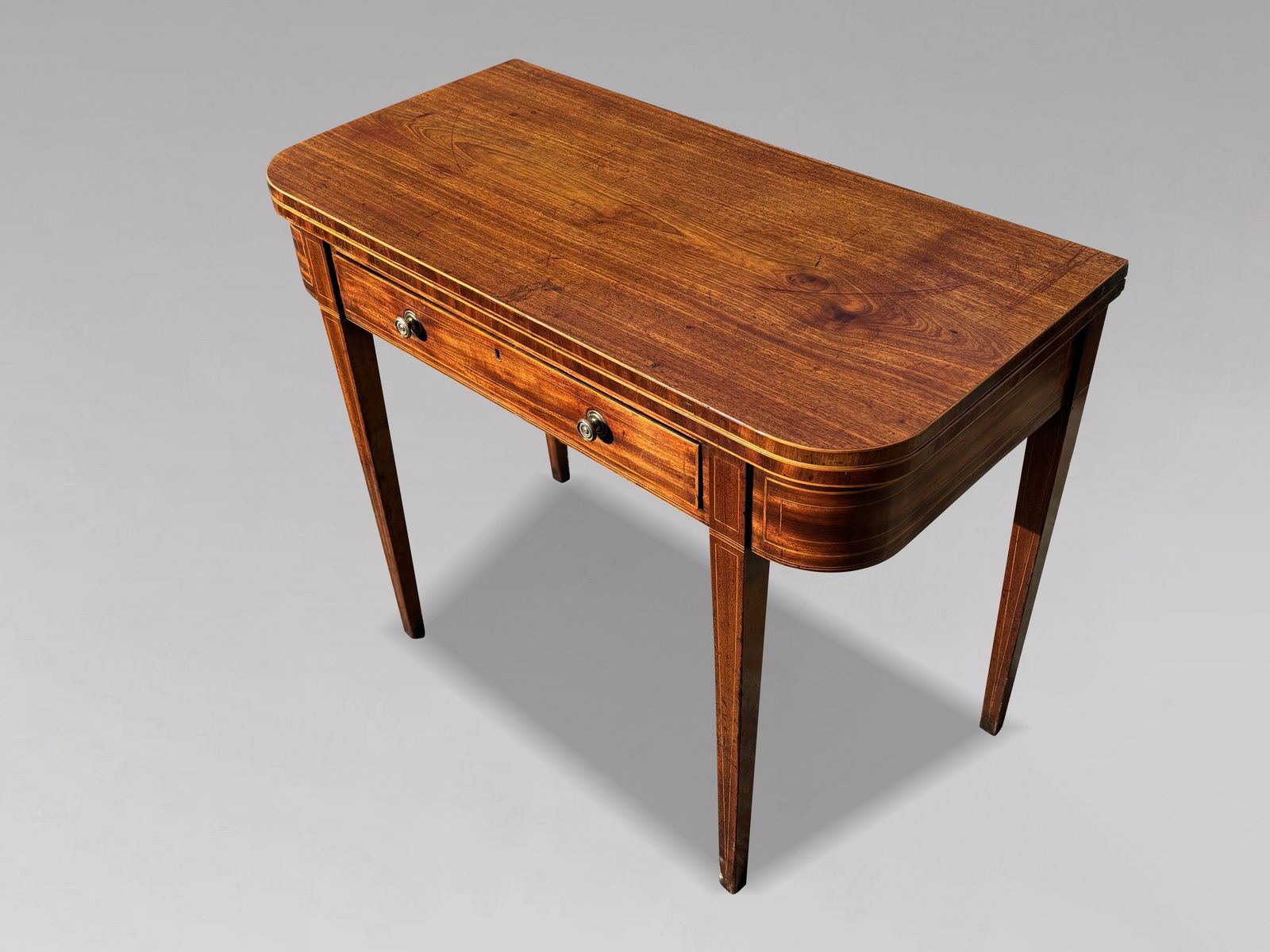 photo for sale 18th Century George III Period Mahogany Satinwood Stringing Fold Over Tea Table