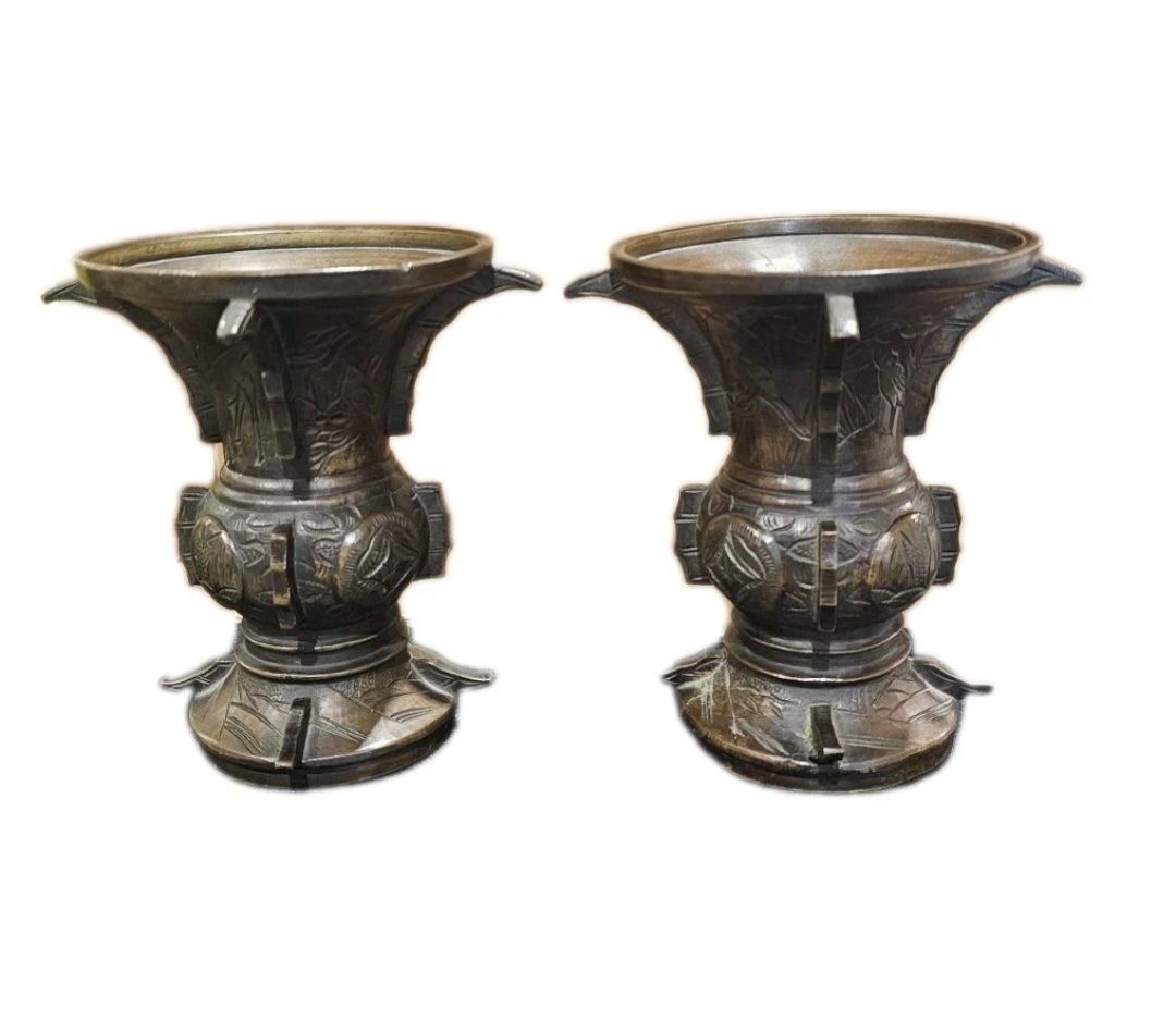 A Pair Of Japanese Bronze Vases, 19thc, Engraved With Deer And Birds photo furniture