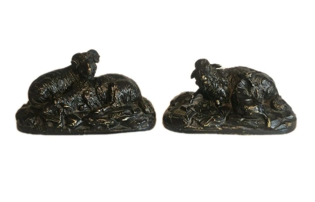 A 19thc Pair Of Signed Andrea Buci Bronze Sculptures Modelled As Ram And Sheep