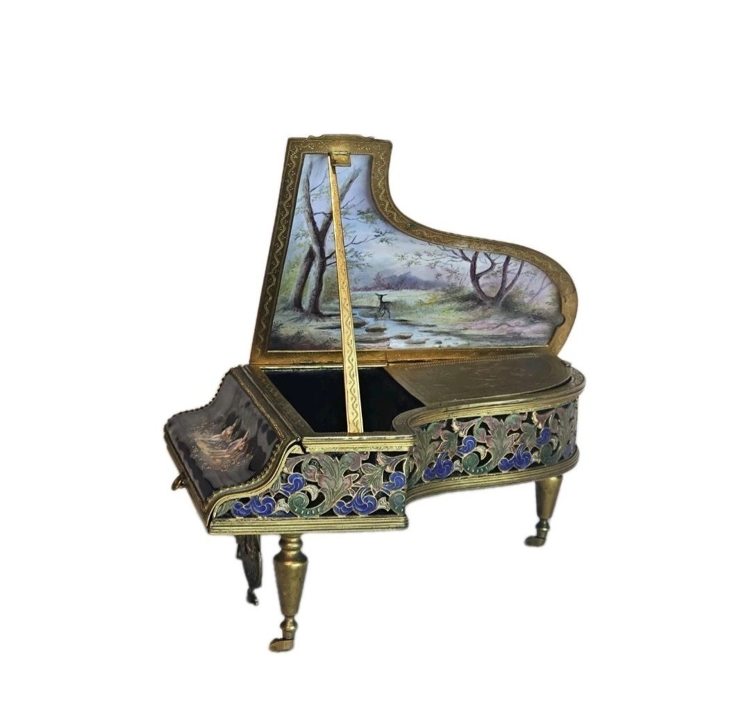 A 19thc French Musical Ormolu & Enamel Jewellery Box Modelled As A Grand Piano