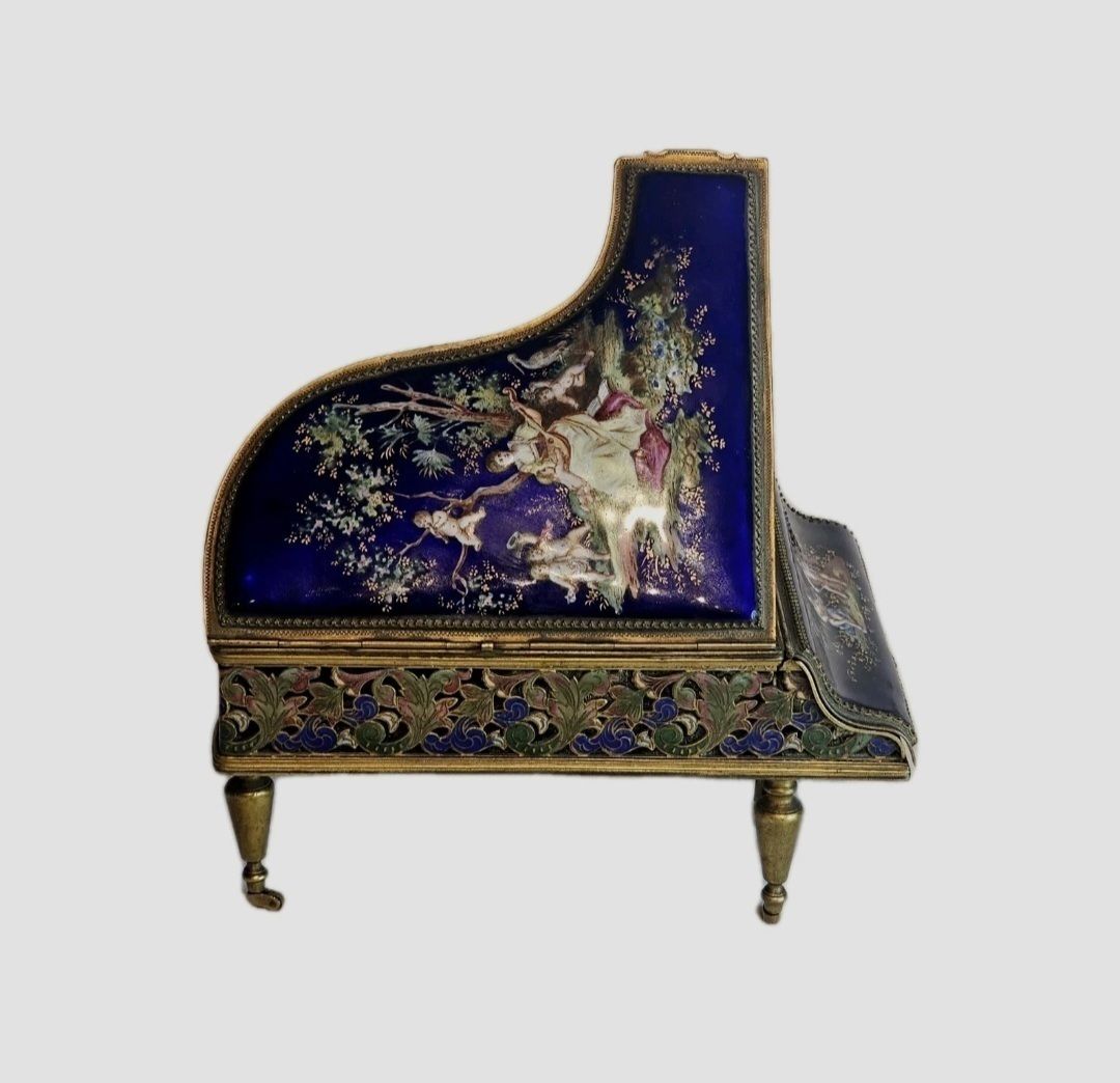 A 19thc French Musical Ormolu & Enamel Jewellery Box Modelled As A Grand Piano photo for sale