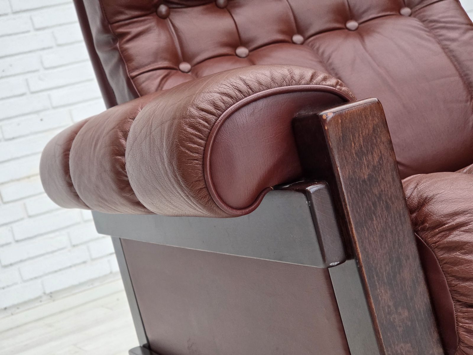 1970s, Scandinavian Armchair, Furniture Leather, Dark Beech Wood. photo vintage