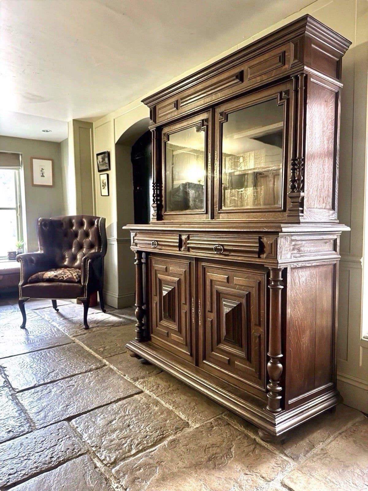 Antique French Carved Glazed Buffet De Corps Dresser Cupboard Server Cabinet. photo furniture