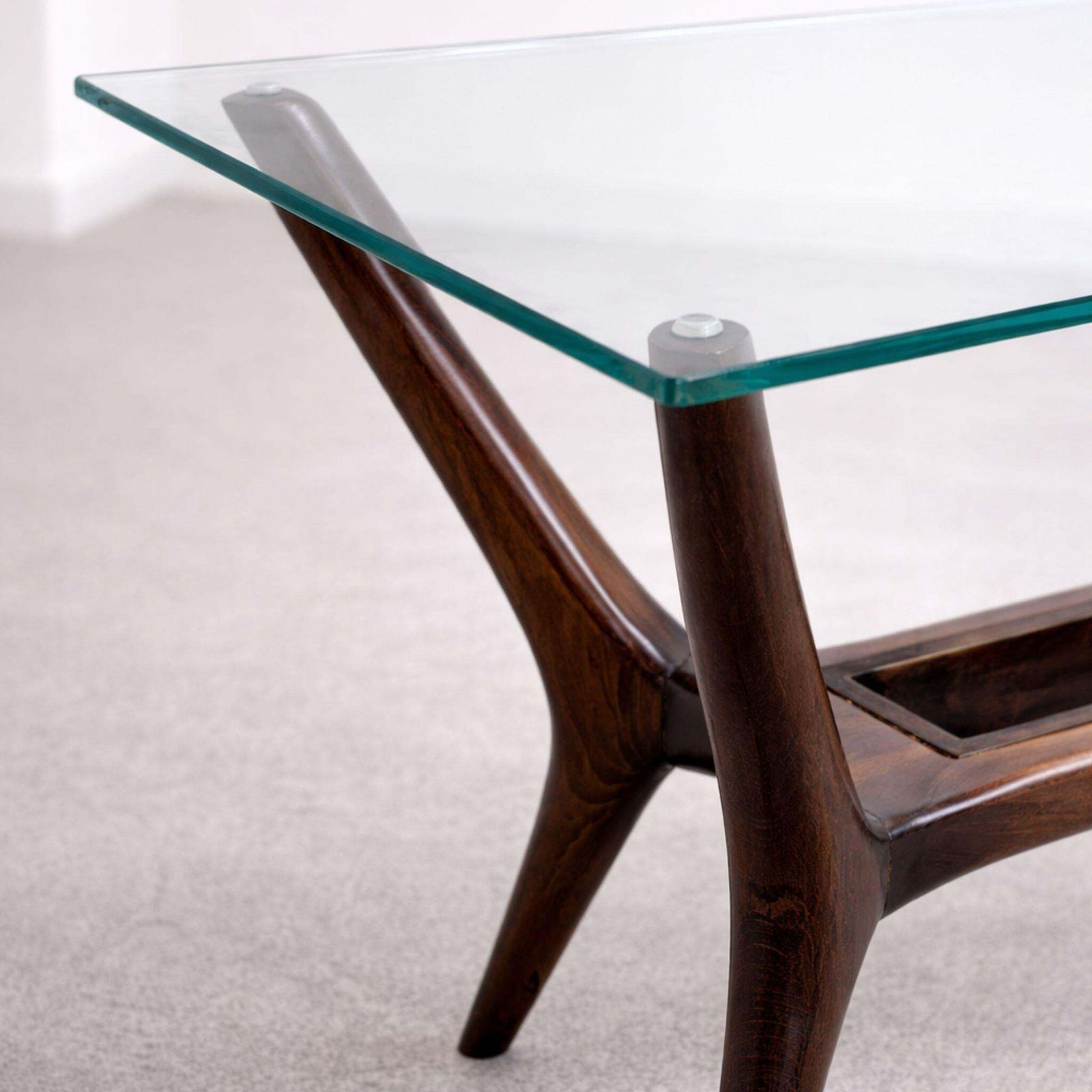Mid Century Wood And Glass Coffee Table, Ico Parisi Style, 1950s photo for sale