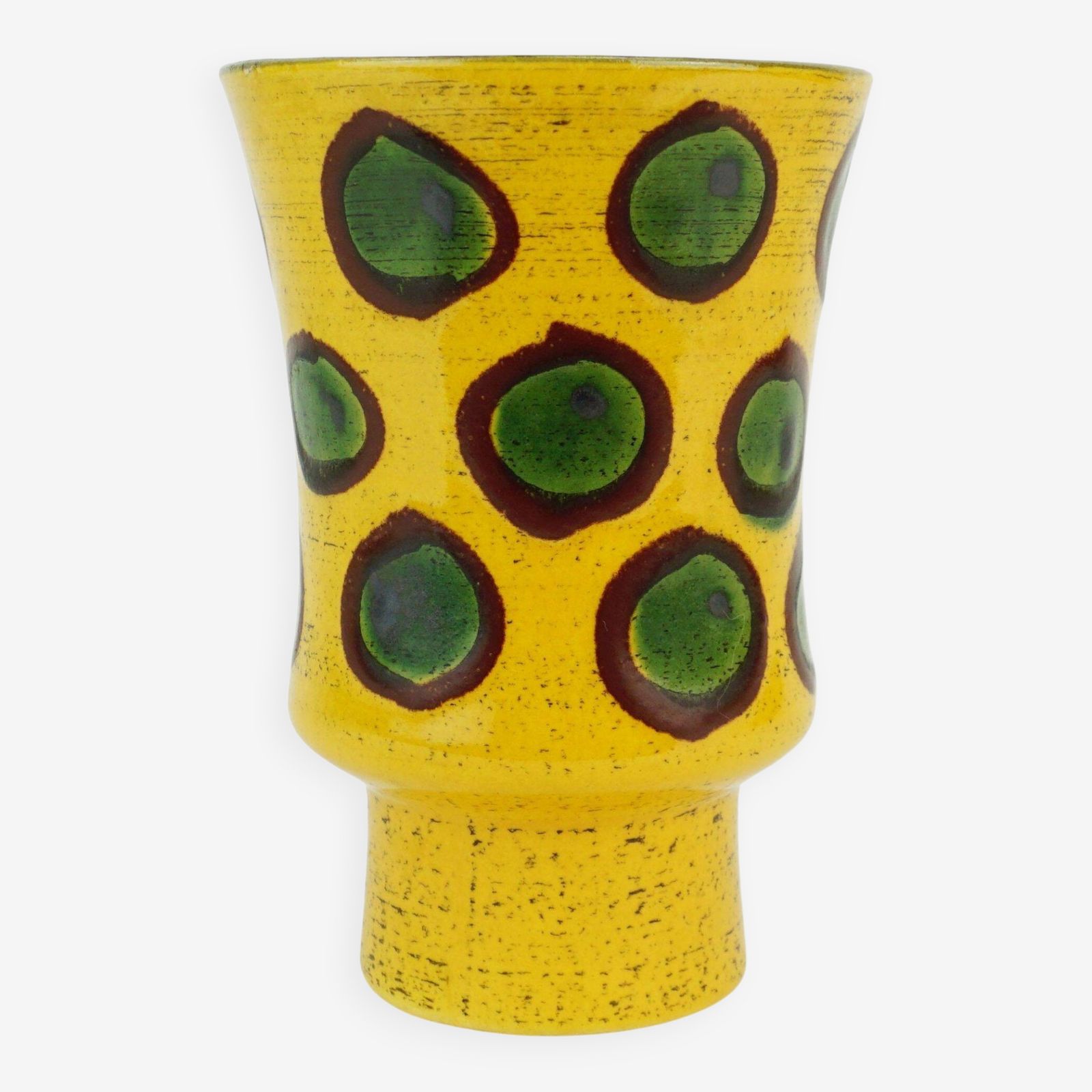 Hand Painted Strehla Gdr Ceramic Vase, Colorful Yellow, Brown, And Green With Polka