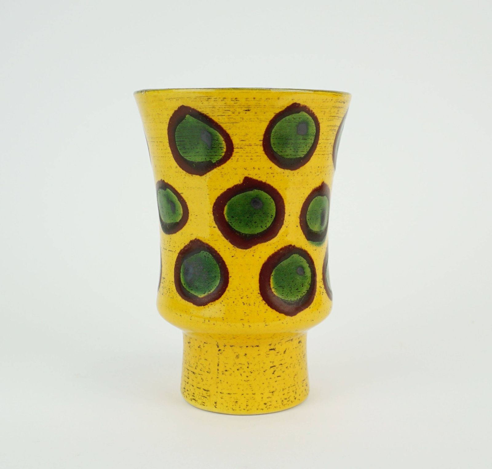 Hand Painted Strehla Gdr Ceramic Vase, Colorful Yellow, Brown, And Green With Polka photo vinterior
