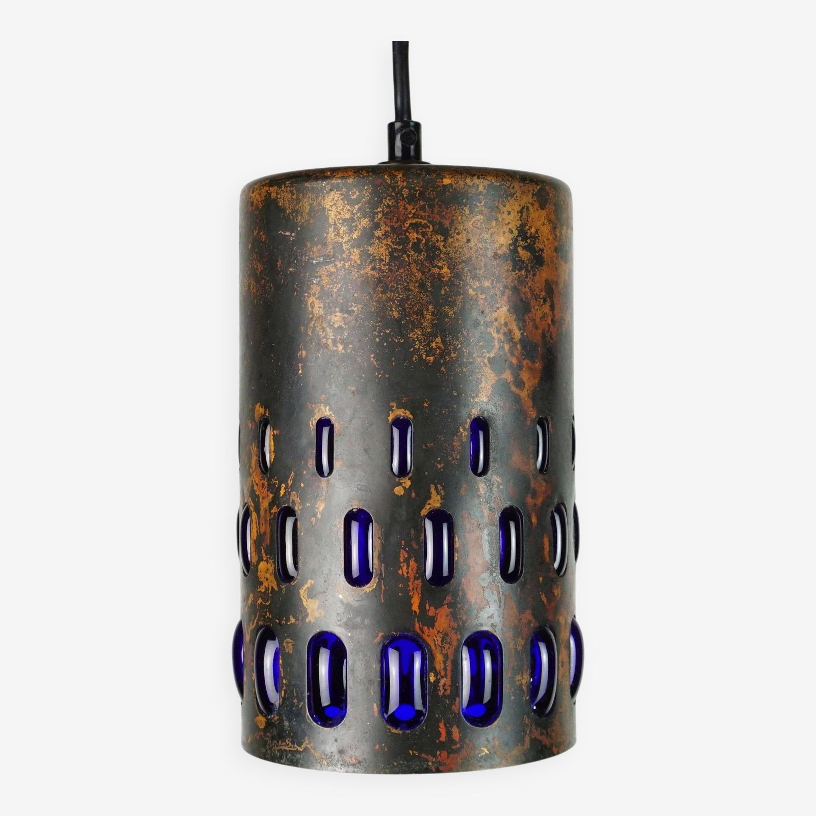Mid Century Pendant Lamp In Flamed Copper And Blue Glass From The 1960s, 3 Available