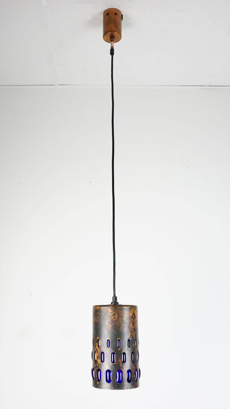 217.0 Mid Century Pendant Lamp In Flamed Copper And Blue Glass From The 1960s, 3 Available photo