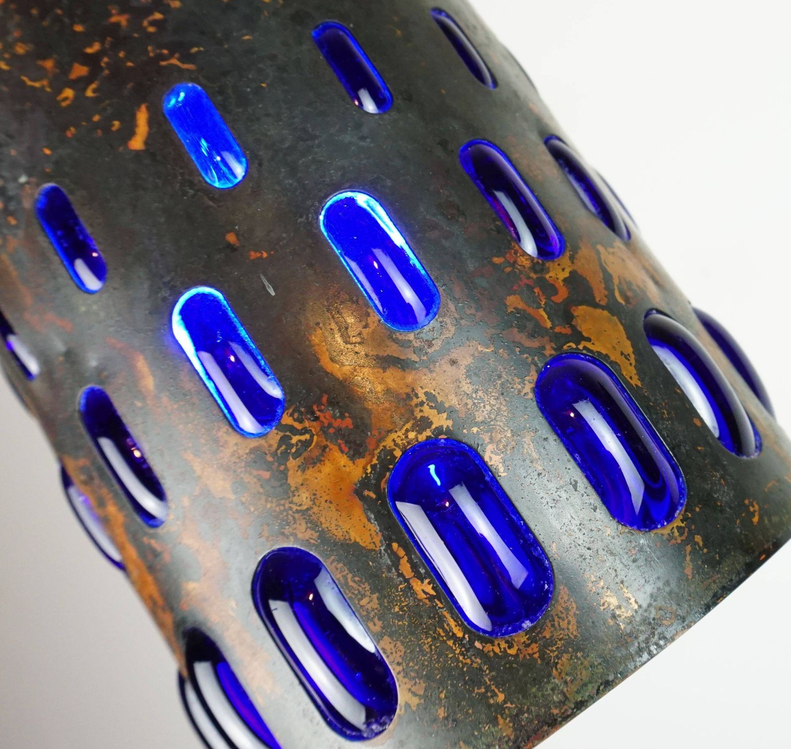 photo vintage Mid Century Pendant Lamp In Flamed Copper And Blue Glass From The 1960s, 3 Available