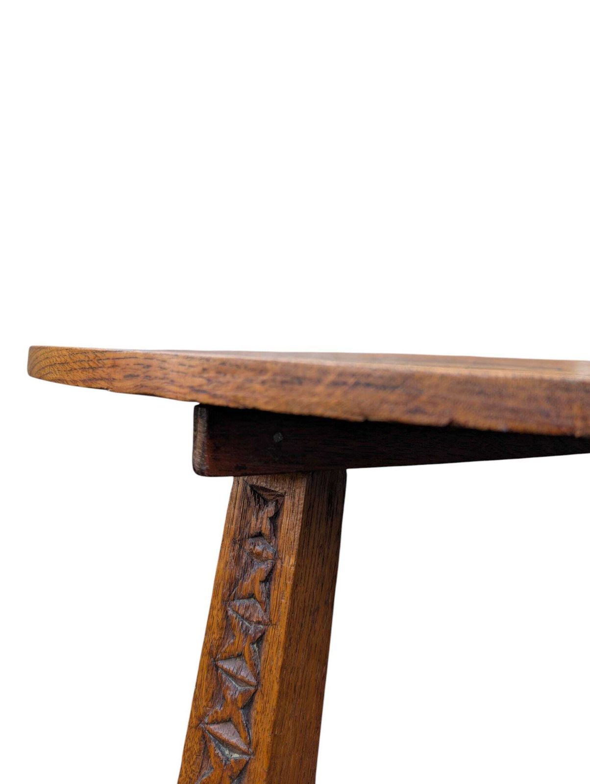 photo vinterior Arts & Crafts Oak Side Table: Carved Geometric Top, Chip Carved Legs