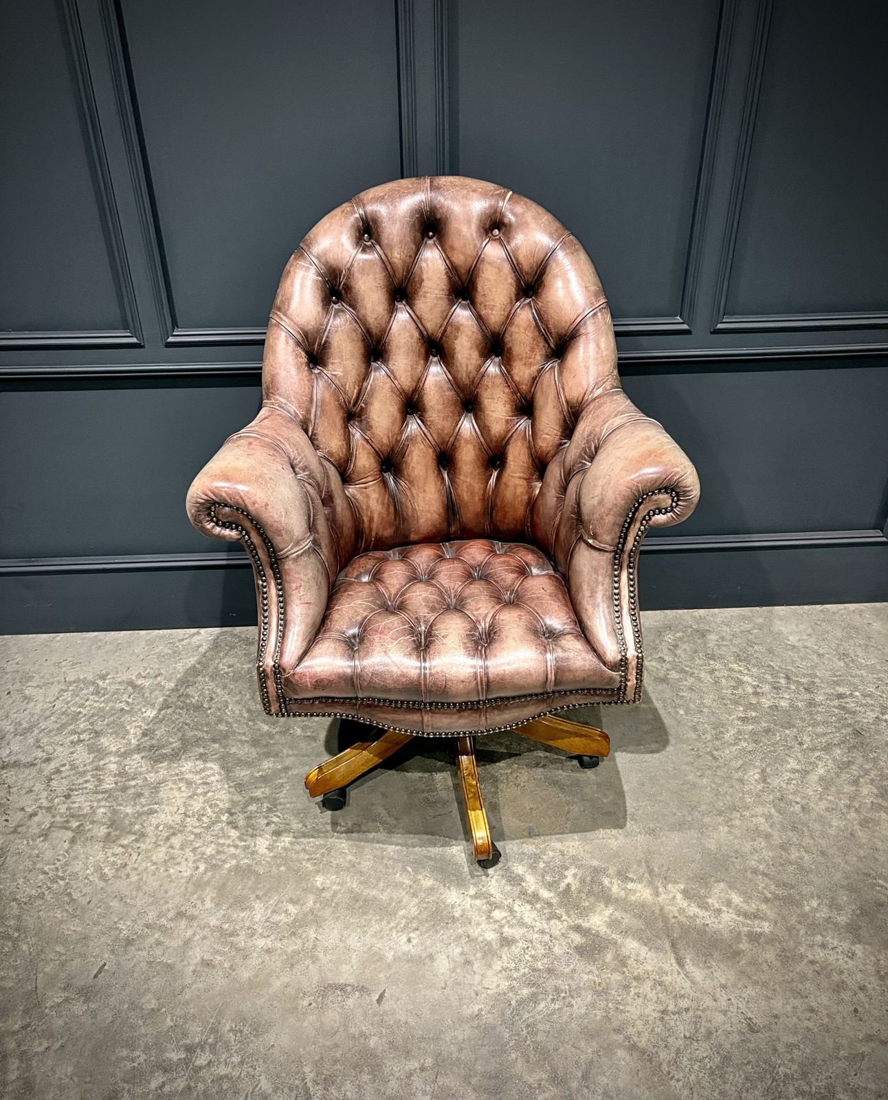 Buttoned Leather Swivel Desk Chair photo for sale