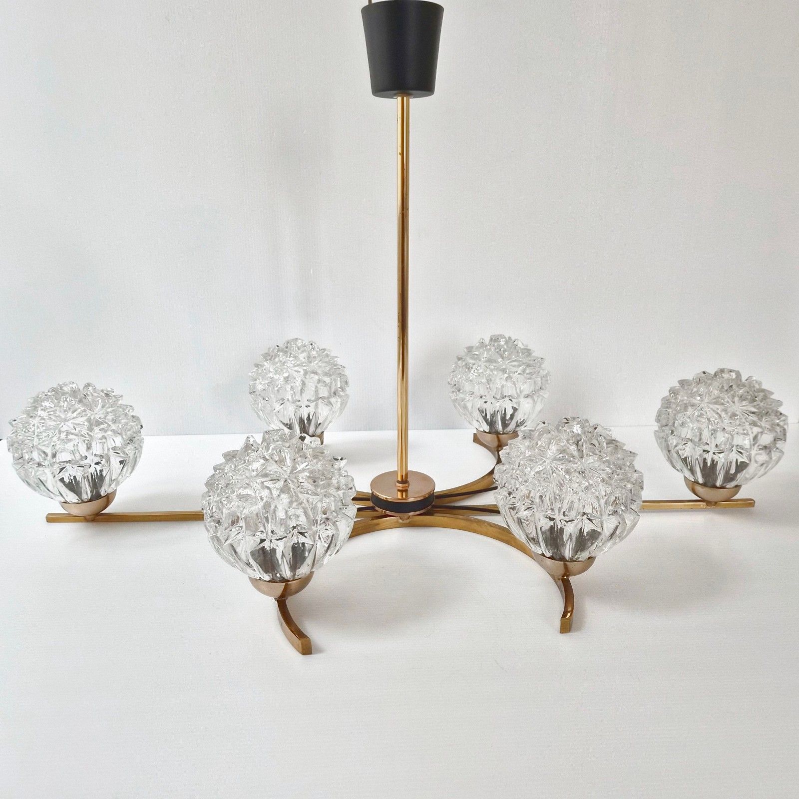 Vintage 1950 House Arlus Pendant Chandelier Brass Gold Metal & Glass 50s photo 710.0