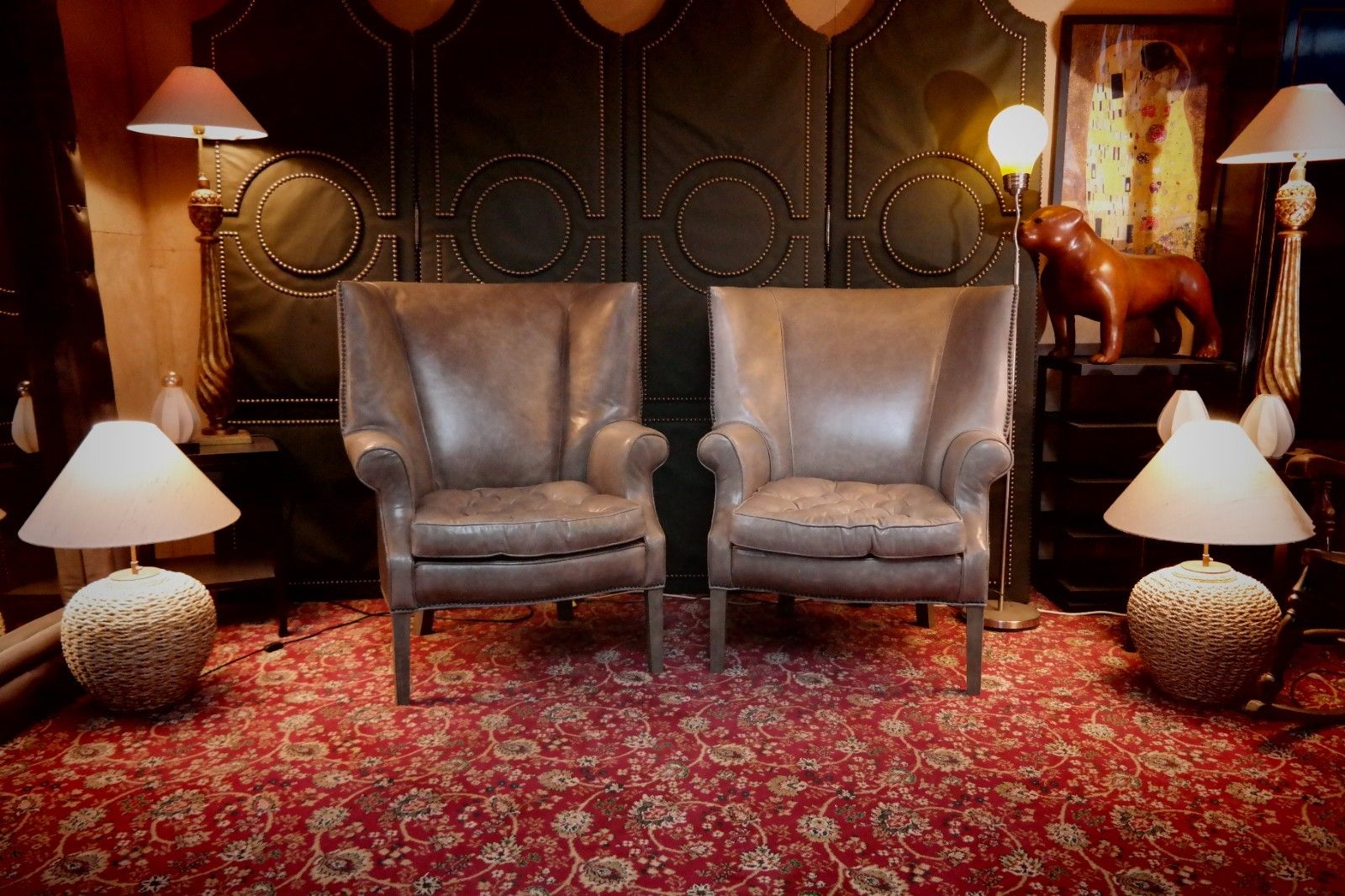 Pair Ralph Lauren Restoration Hardware Drake Cigar Leather Armchairs Granite 🚚 photo 3800.0