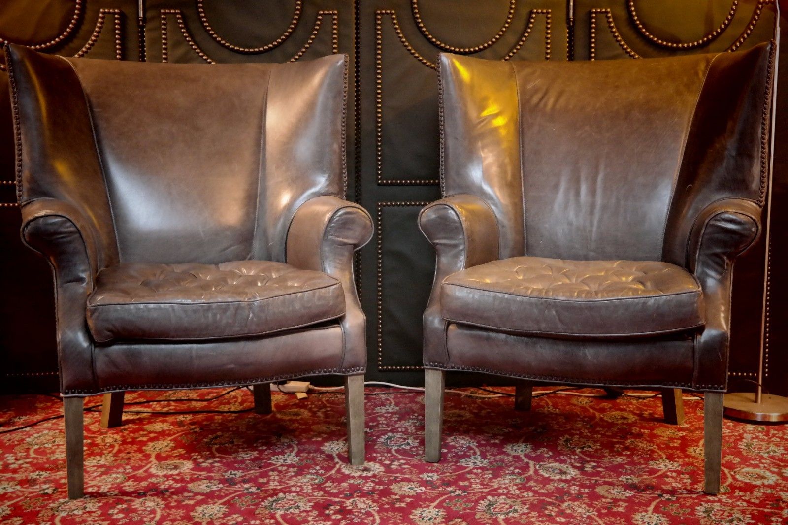 Pair Ralph Lauren Restoration Hardware Drake Cigar Leather Armchairs Graphite 🚚 photo for sale