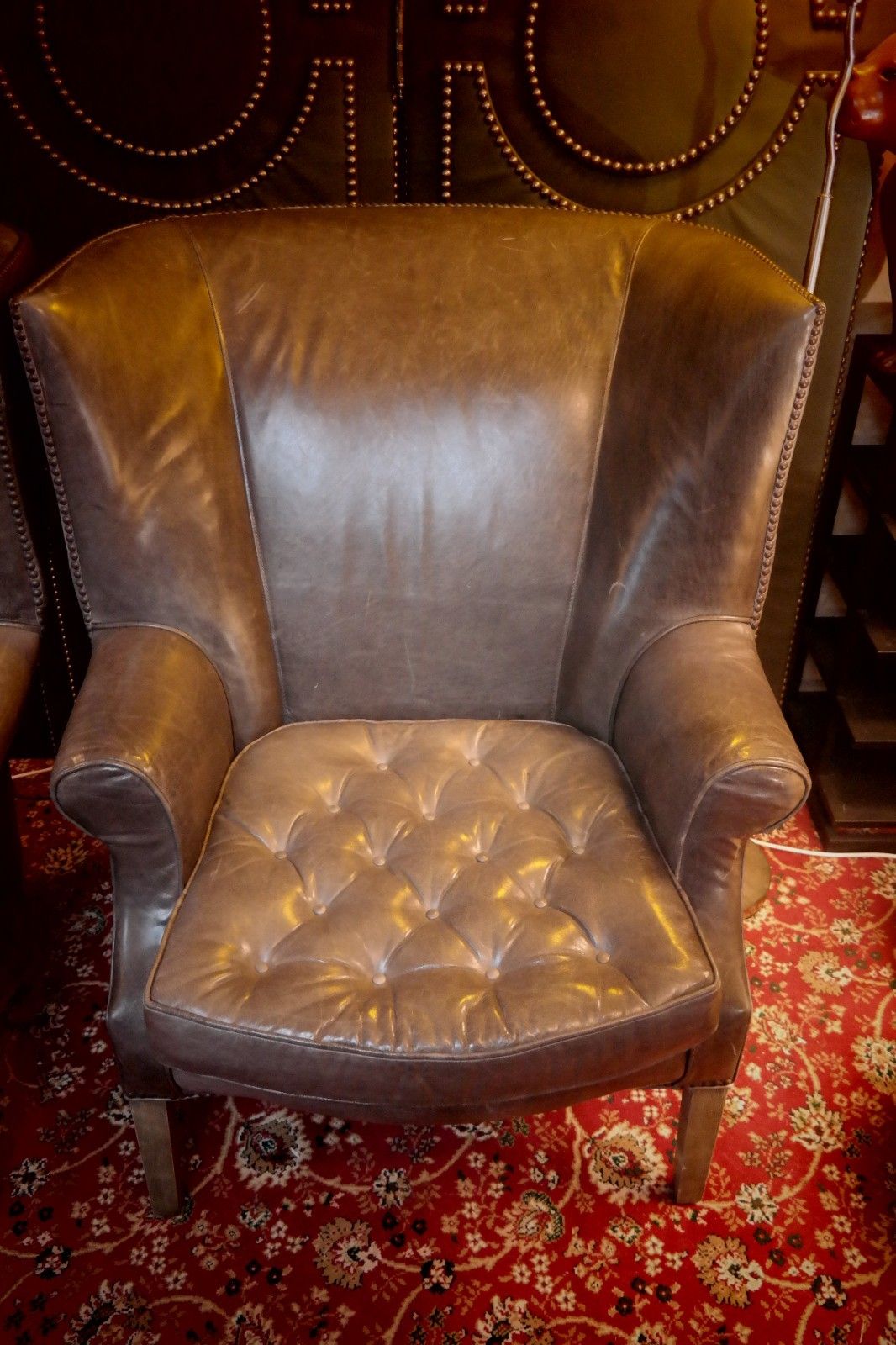 photo buy Pair Ralph Lauren Restoration Hardware Drake Cigar Leather Armchairs Graphite 🚚
