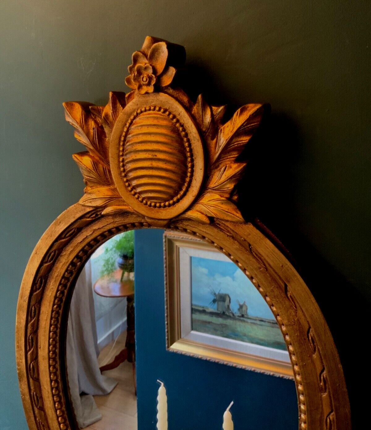 Vintage Wall Mirror In Gold Frame With 2 Candle Sticks Swedish Gustavian Style photo vintage