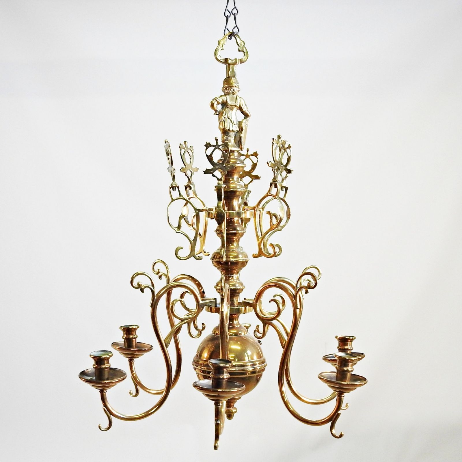 Stunning Antique 6 Arms Dutch Flemish Candle Brass Chandelier