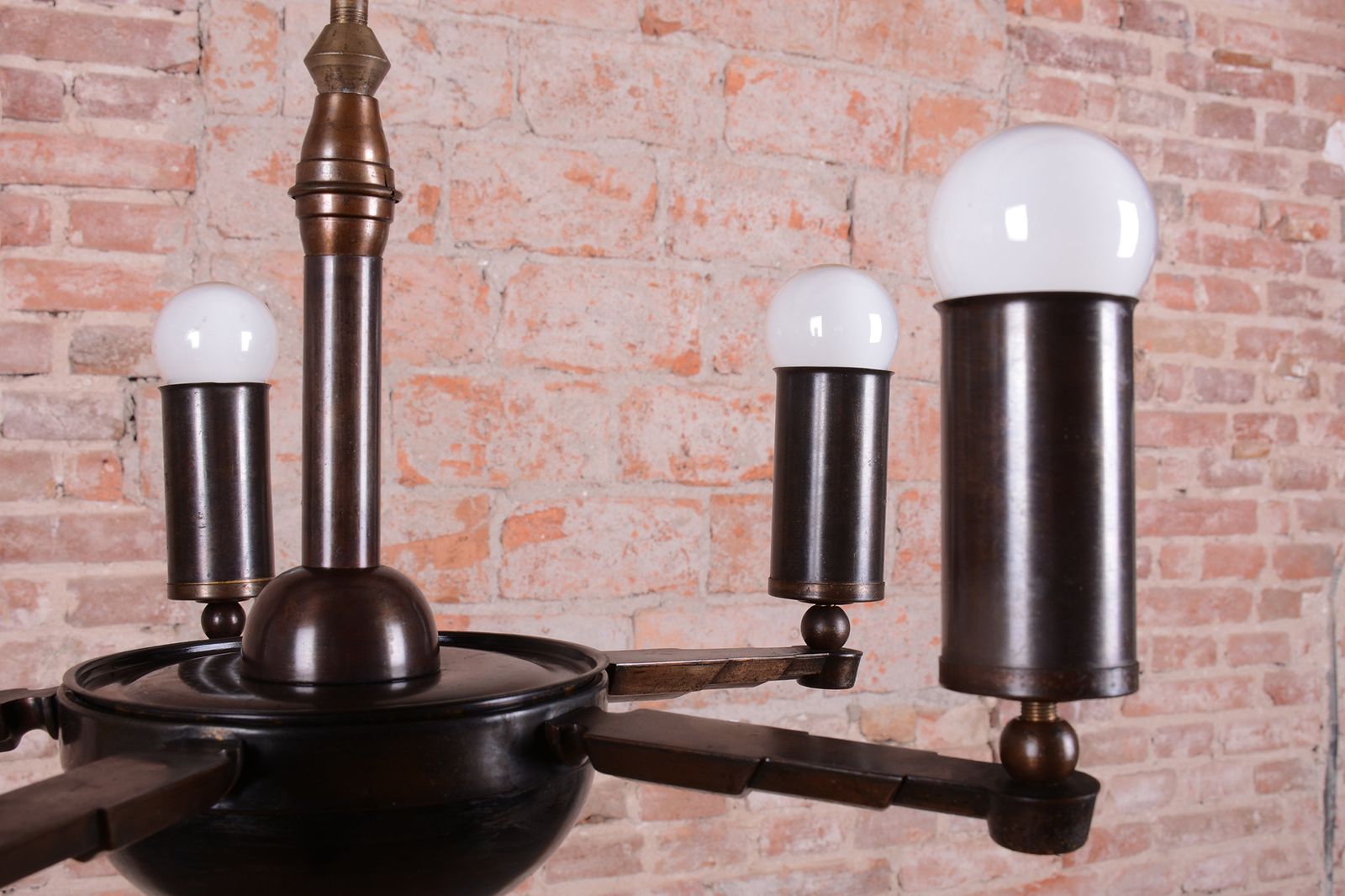 Restored Cubist Chandelier, Patinated Brass, Bronze, Czech, 1910s photo Lighting