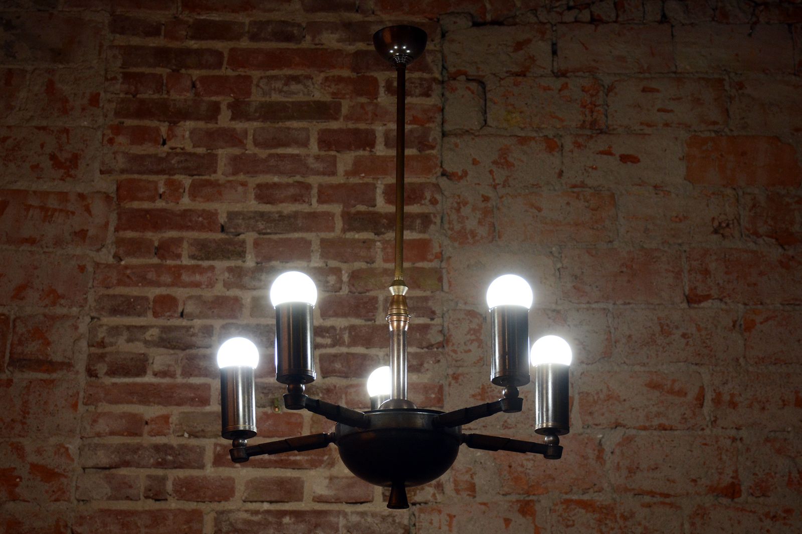 Restored Cubist Chandelier, Patinated Brass, Bronze, Czech, 1910s photo vinterior