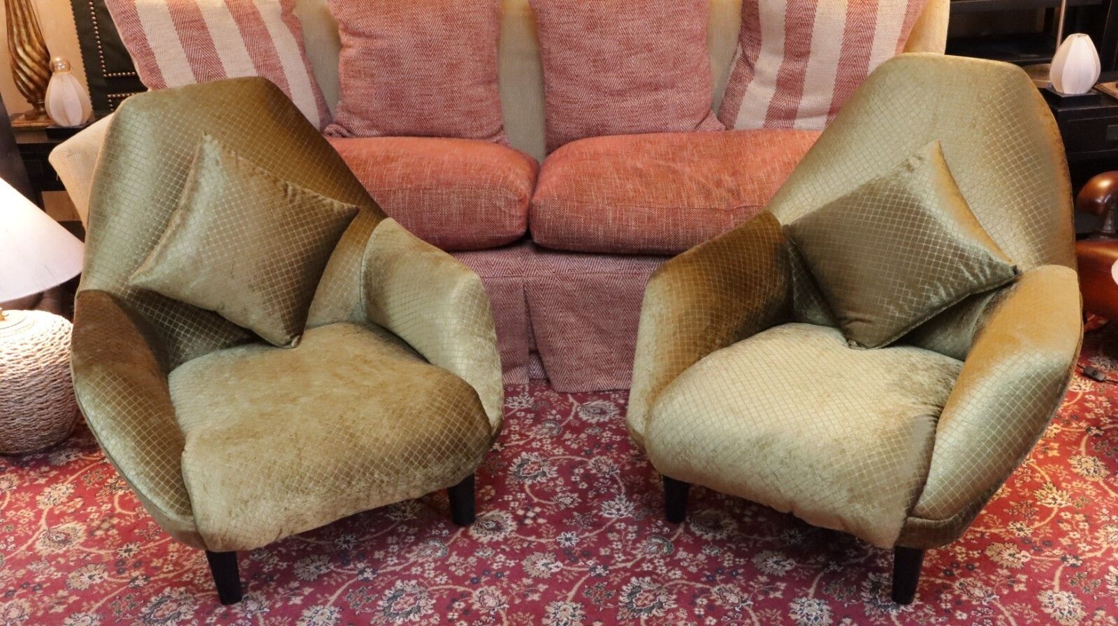 Pair George Smith Club Armchairs  Designers Guild Olive Green Velvet Rrp£14600🚚 photo furniture