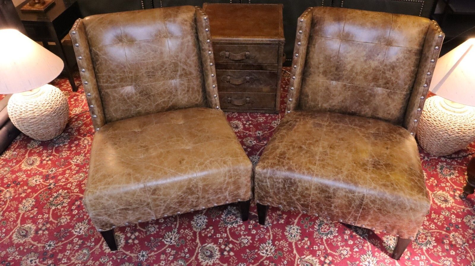 Pair Timothy Oulton Andrew Martin Triton Leather Armchairs Sidetable Cabinet🚚🚚 photo vintage
