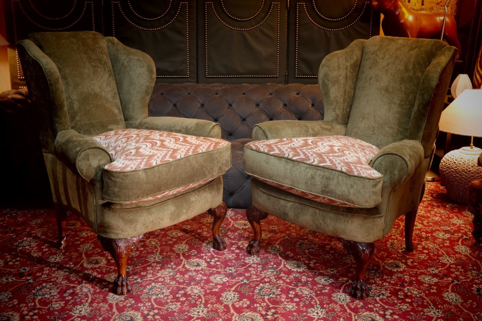 photo for sale Superb Pair Victorian Style Ball & Claw Feet Wingback Armchairs Nobalis Bargello